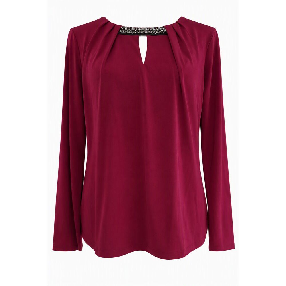 Liz Claiborne Career Women's Size L Burgundy Beaded Keyhole Blouse